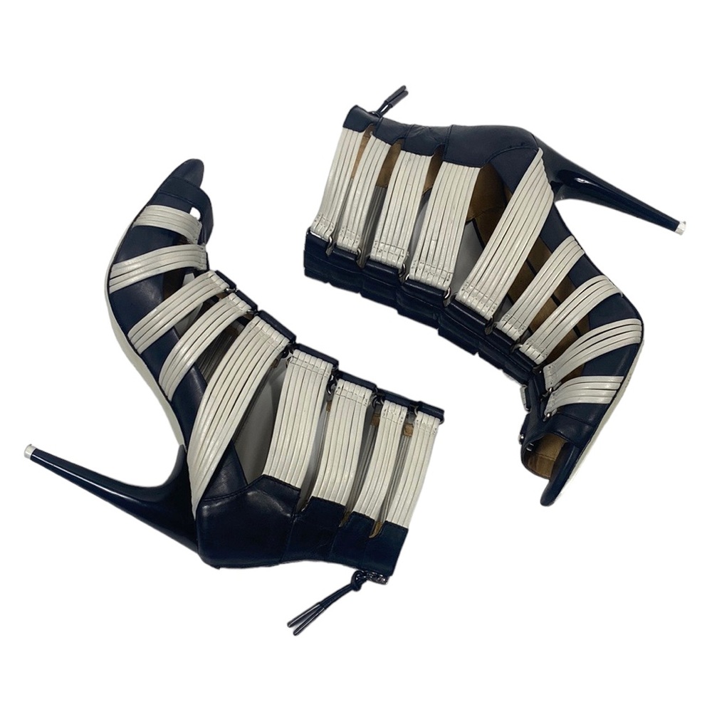 L.A.M.B. Black and White Strappy High Heel Sandals